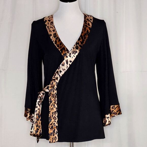 Boston Proper Black & Animal Print Trim Belted V-Neck Kimono Sleeves Wrap Blouse - Picture 1 of 14